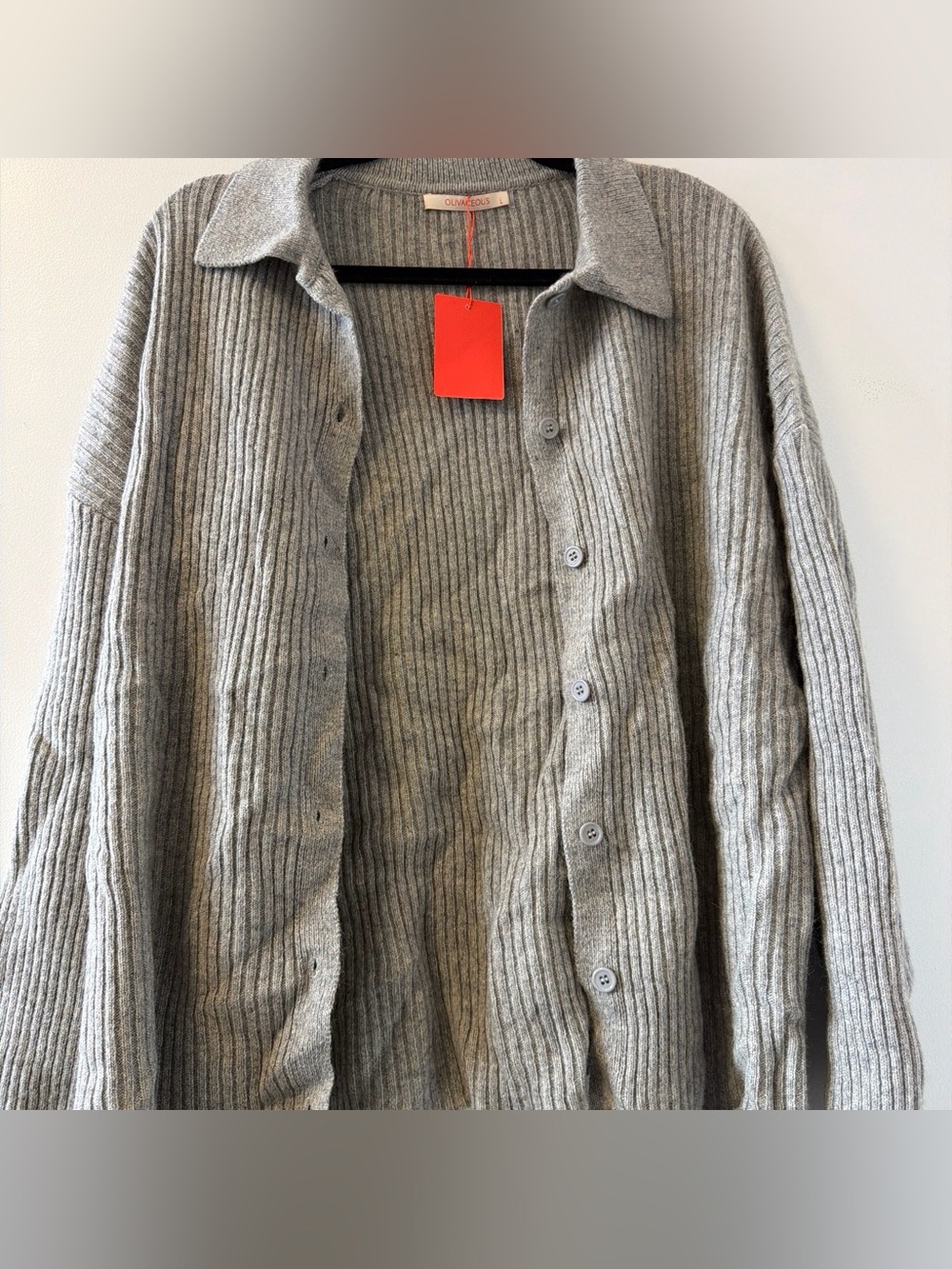 Olivaceous  Ribbed Button-Front Cardigan - Grey